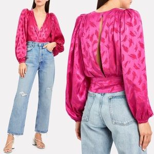 Ronny Kobo Hot Pink Silk Satin Puffsleeve Blouse Size L